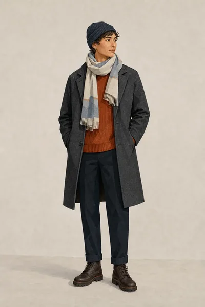 Level 1 warm coat, scarf and beanie outfit