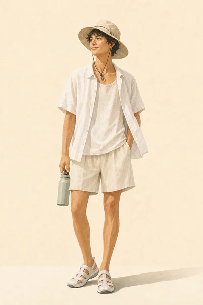 Level 10 extreme-heat linen outfit with broad hat and water