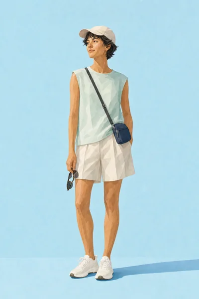 Level 9 loose summer outfit with cap and sunglasses