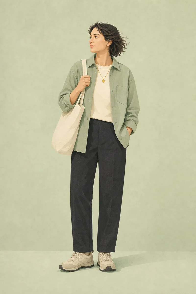 Illustrated mild-weather outfit with a light overshirt and trousers