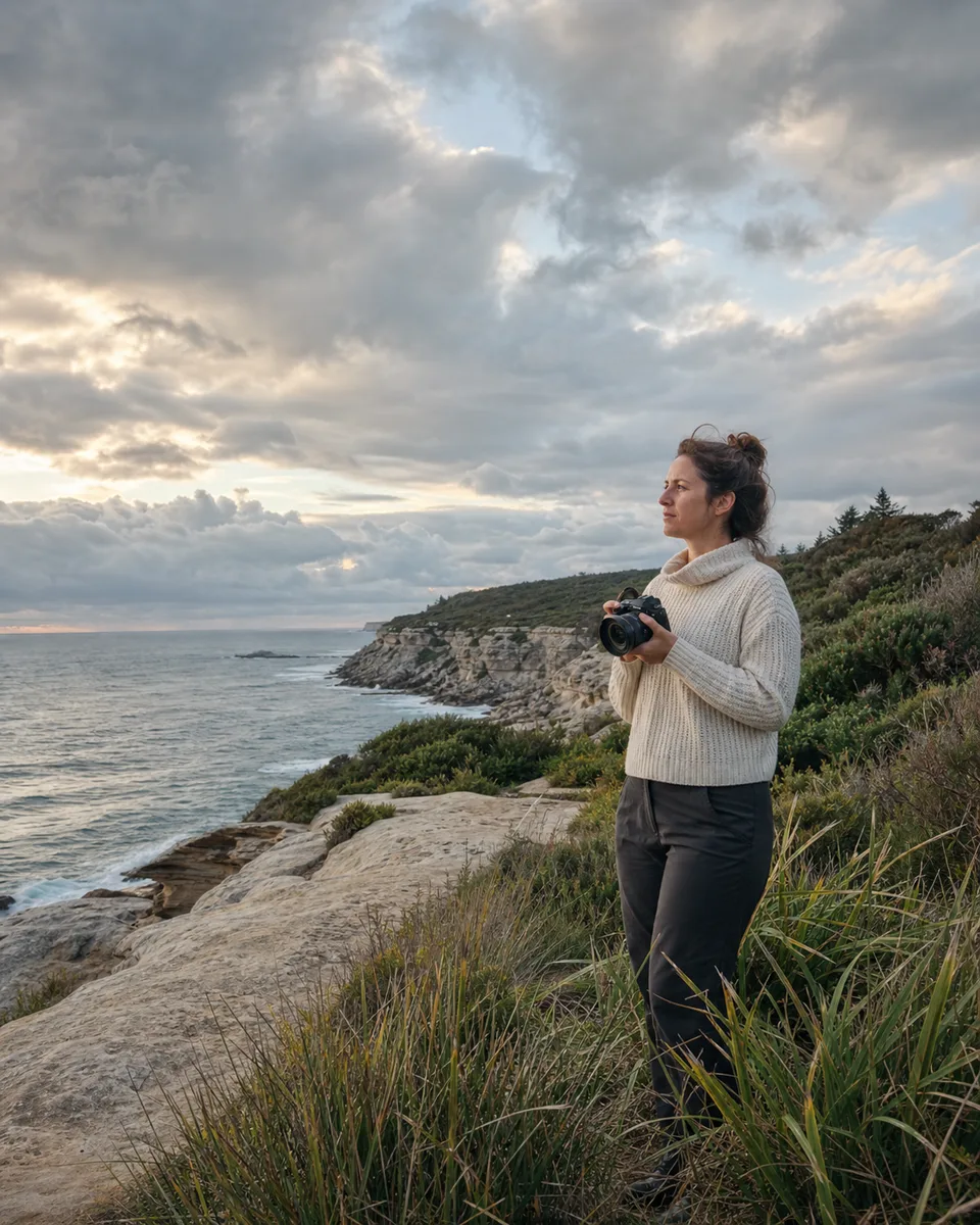 Photographer reading broken cloud above an Australian coastline
