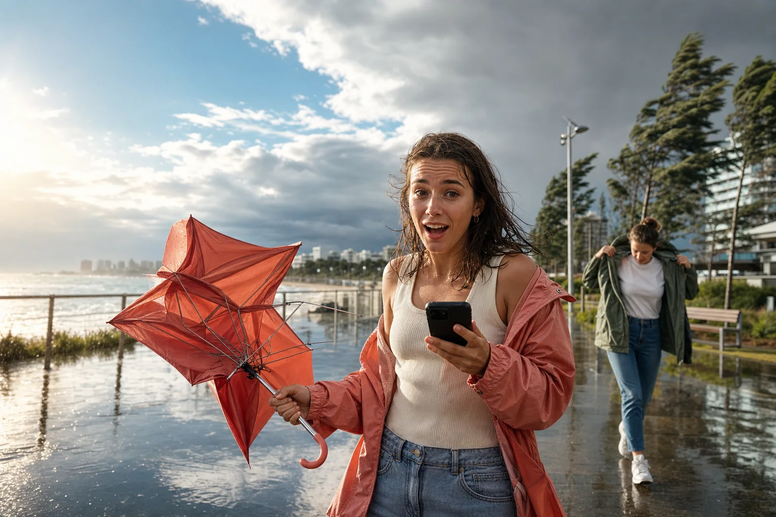 Surprised woman holding a phone and an inside-out umbrella on a wet Australian coastal promenade as bright sun breaks through storm cloud