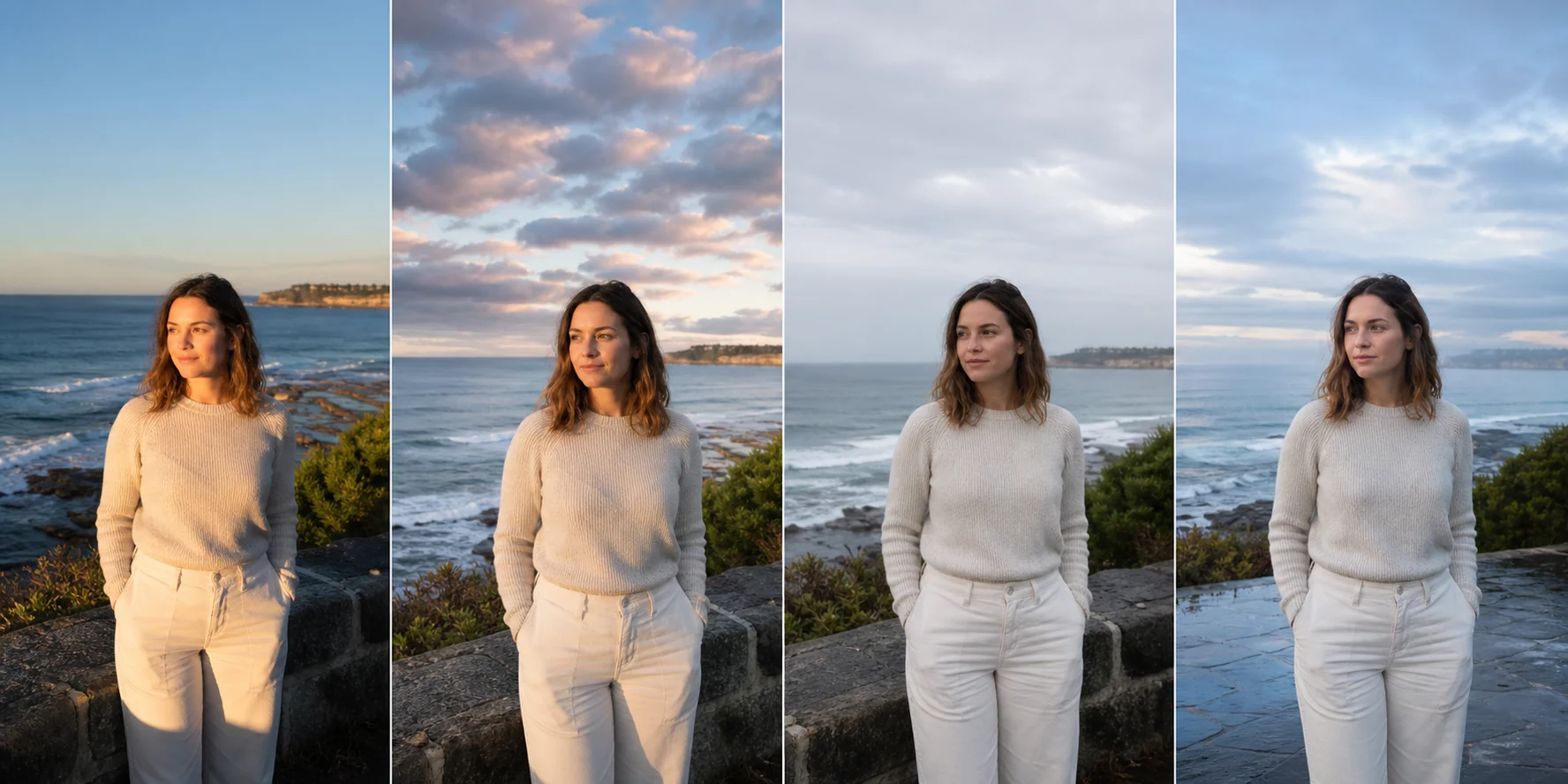 The same coastal portrait compared in clear sun, broken cloud, overcast light and after rain